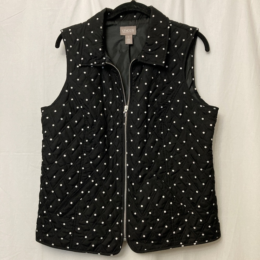 Chico's Black & White Polka Dot Quilted Full-Zip Vest w/Pockets - SZ 1 (M)